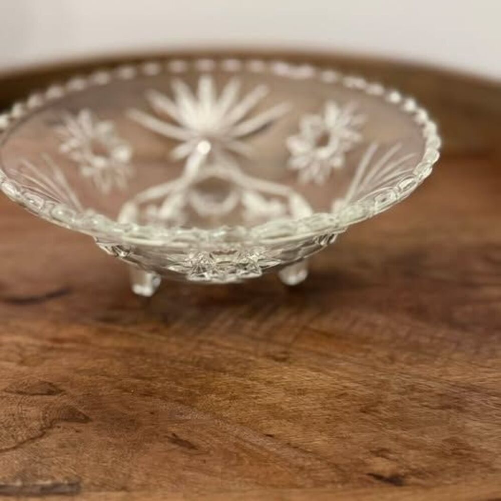 Vintage Clear Pressed Glass Three-Footed Starburst Bowl